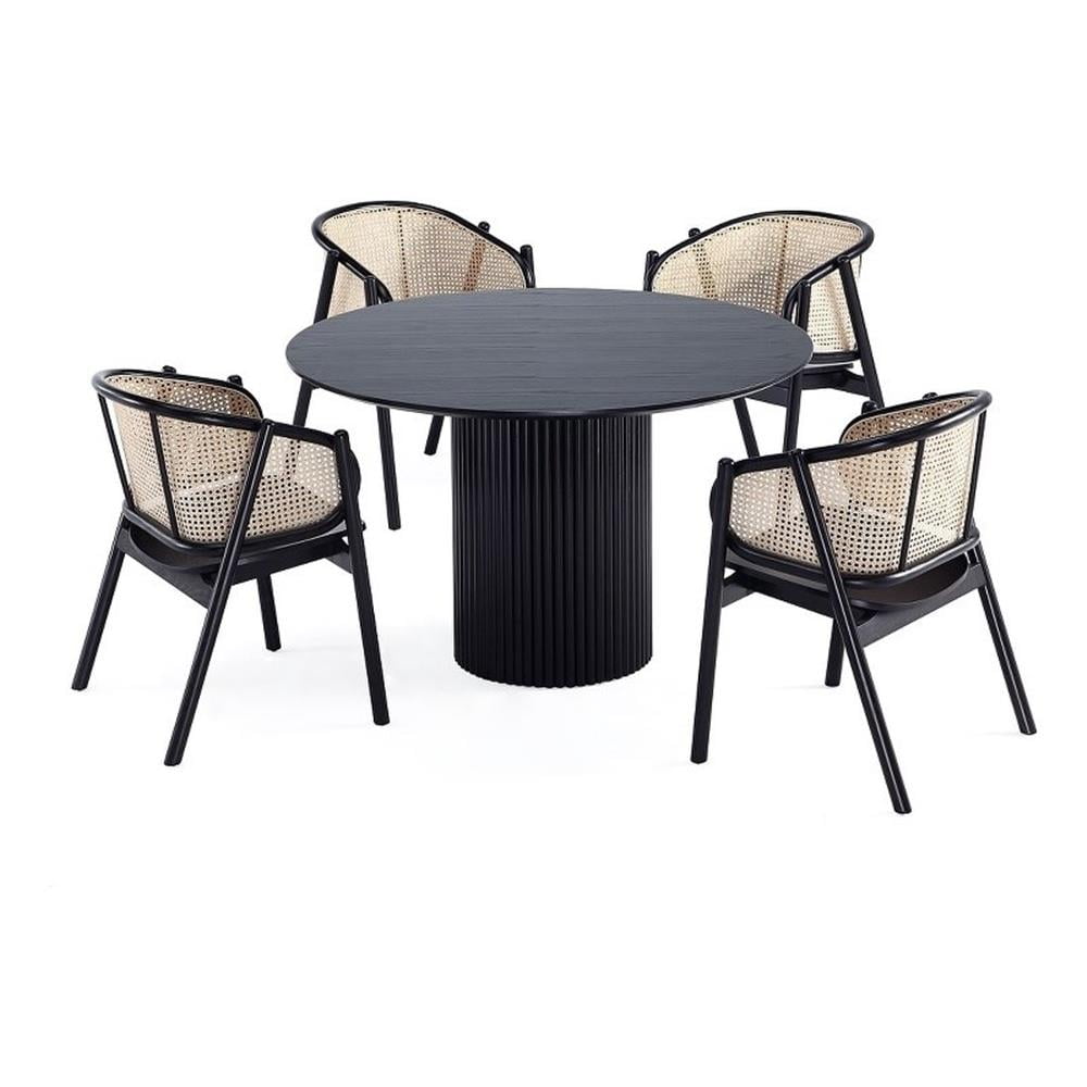 Black Ash Wood Round Dining Table with 4 Cane Chairs