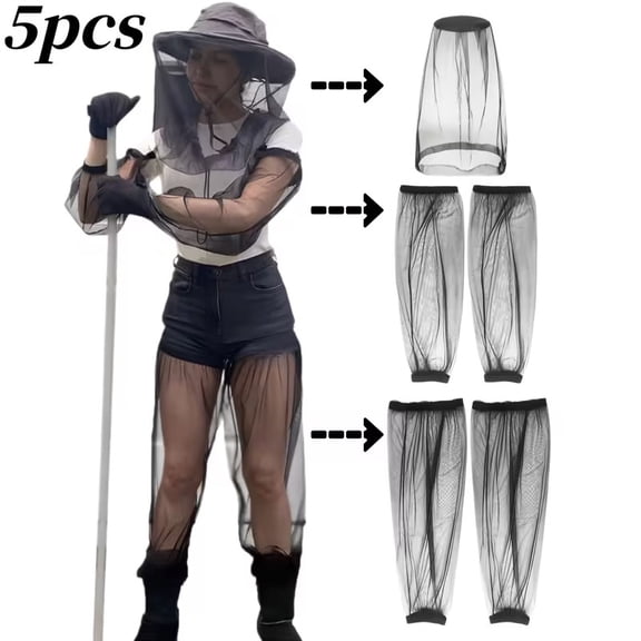 5-Piece Heavy-Duty Fine Mesh Insect Protection Set Head Net, Arm Sleeves & Leg Sleeves for Fishing, Hunting, Camping, Hiking, Gardening