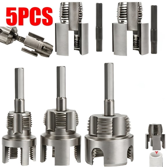 5-Piece Heavy-Duty Pipe Threading Tool Set, Internal & External Integrated Thread Openers 1/2" 3/4" 1" for PVC & Plastic Pipes