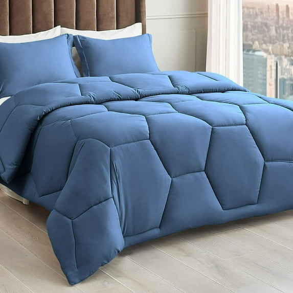5 Piece Honeycomb Design Comforter Set, 800 TC, 100% Egyptian Cotton, King/California King Size Medium Blue Solid