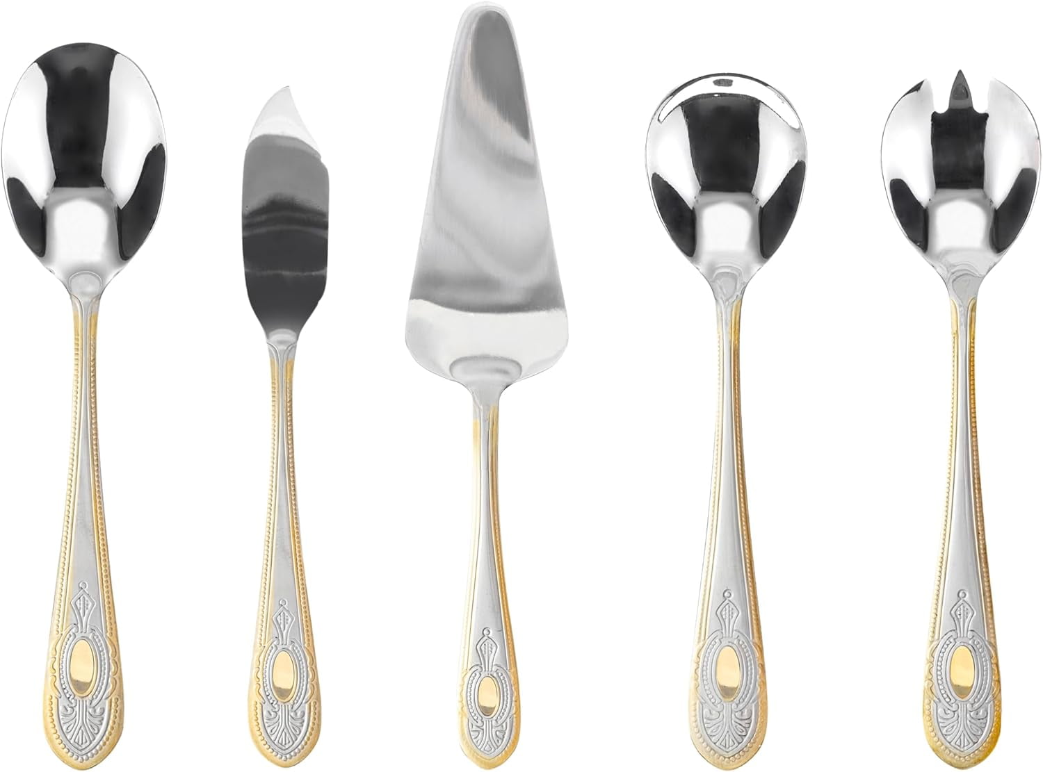 5 Piece Hostess Set - 18/10 Stainless Steel Serving Utensil Set - Gorgeous Vintage Handle with Gold Detailing - Dishwasher Safe - Silver and Gold Flatware Hostess Serveware (Amalfi)