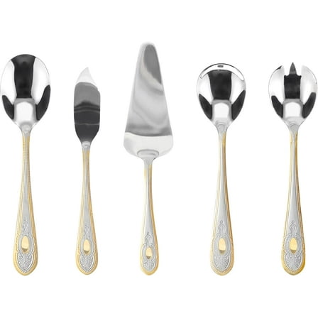 5 Piece Hostess Set - 18/10 Stainless Steel Serving Utensil Set - Gorgeous Vintage Handle with Gold Detailing - Dishwasher Safe - Silver and Gold Flatware Hostess Serveware (Amalfi)