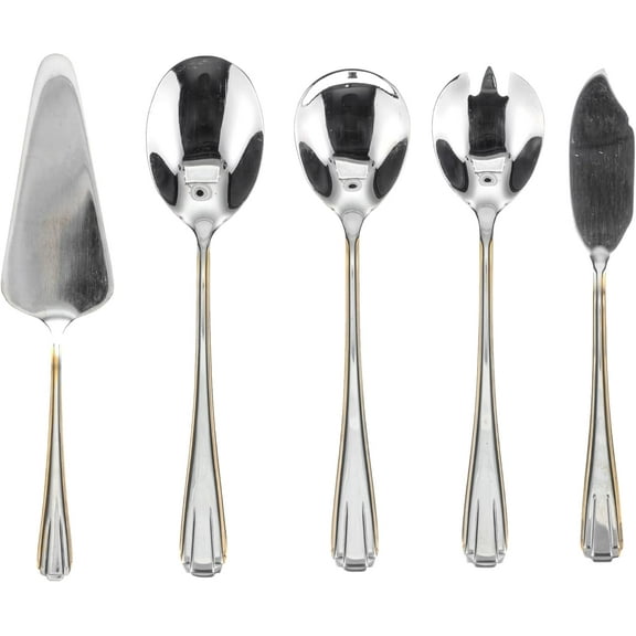 5 Piece Hostess Set - Serving Utensil Set - 18/10 Stainless Steel Silverware - Luxurious Handle with Gold Detailing - Elegant Silver and Gold Flatware Hostess Serveware (Verona)