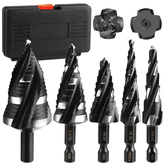 5-Piece Step Drill Bit Set for Metal with Case, Multiple Hole Stepped up Bits for Hole Drilling in Stainless Steel Aluminum Wood Plastic, with 1/4" and 3/8" Hex Shank (1PCS)