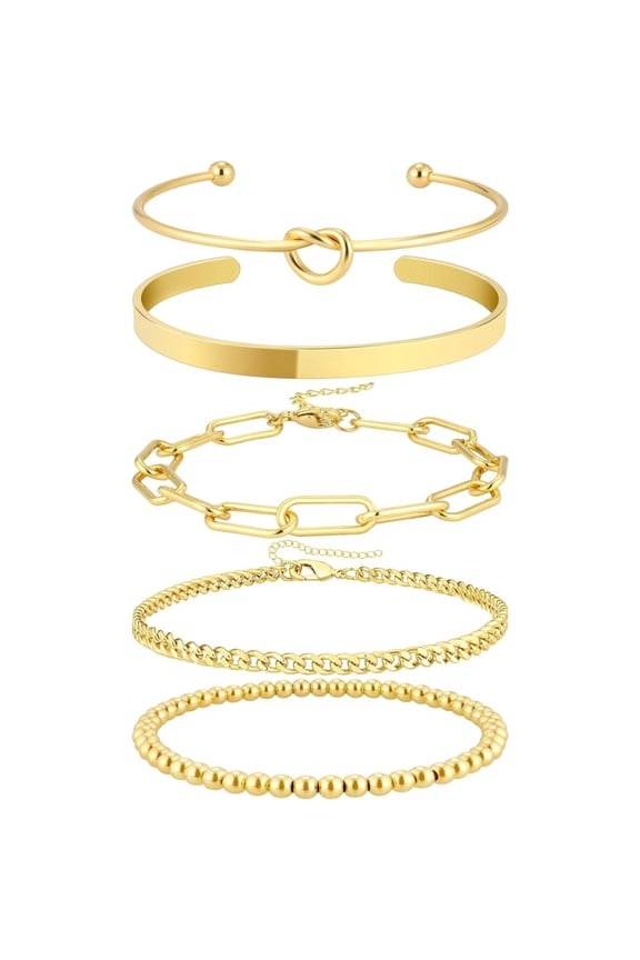 5-Piece Hypoallergenic Bracelets Stack, 18K Gold Plated Cuff Bangles Set, Tarnish-Resistant Jewelry for Women Daily Wear Shower