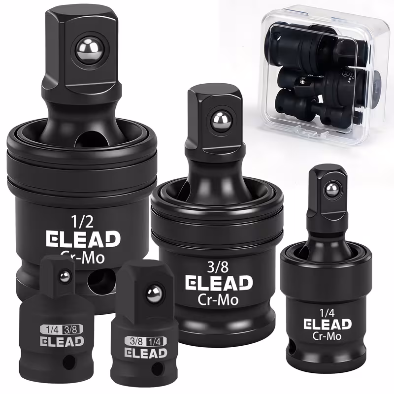 5-Piece Impact Socket Adapter & Reducer Universal Joint Set, 1/4", 3/8", 1/2" Drive CR-MO Steel Swivel U-Joint Converter Kit for Automotive Impact Wrench Repair