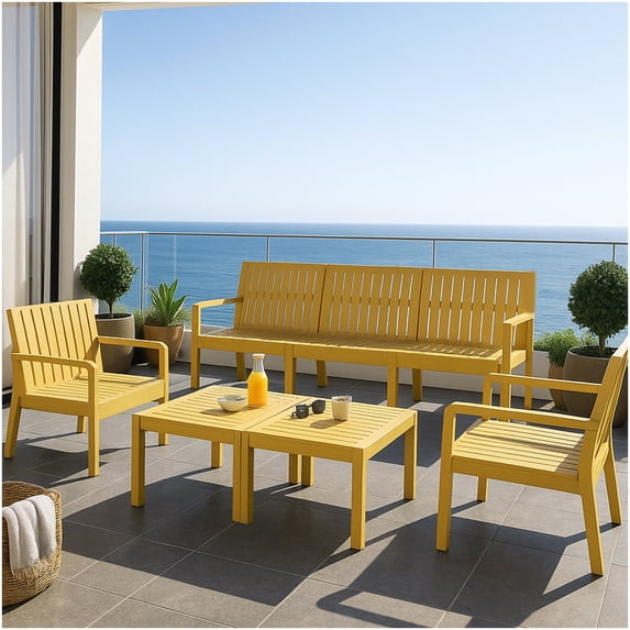 5-Piece Indoor Outdoor Furniture Set, Waterproof Yellow Sofa & Chairs with Coffee Tables, PP Material Patio Conversation Set for 5