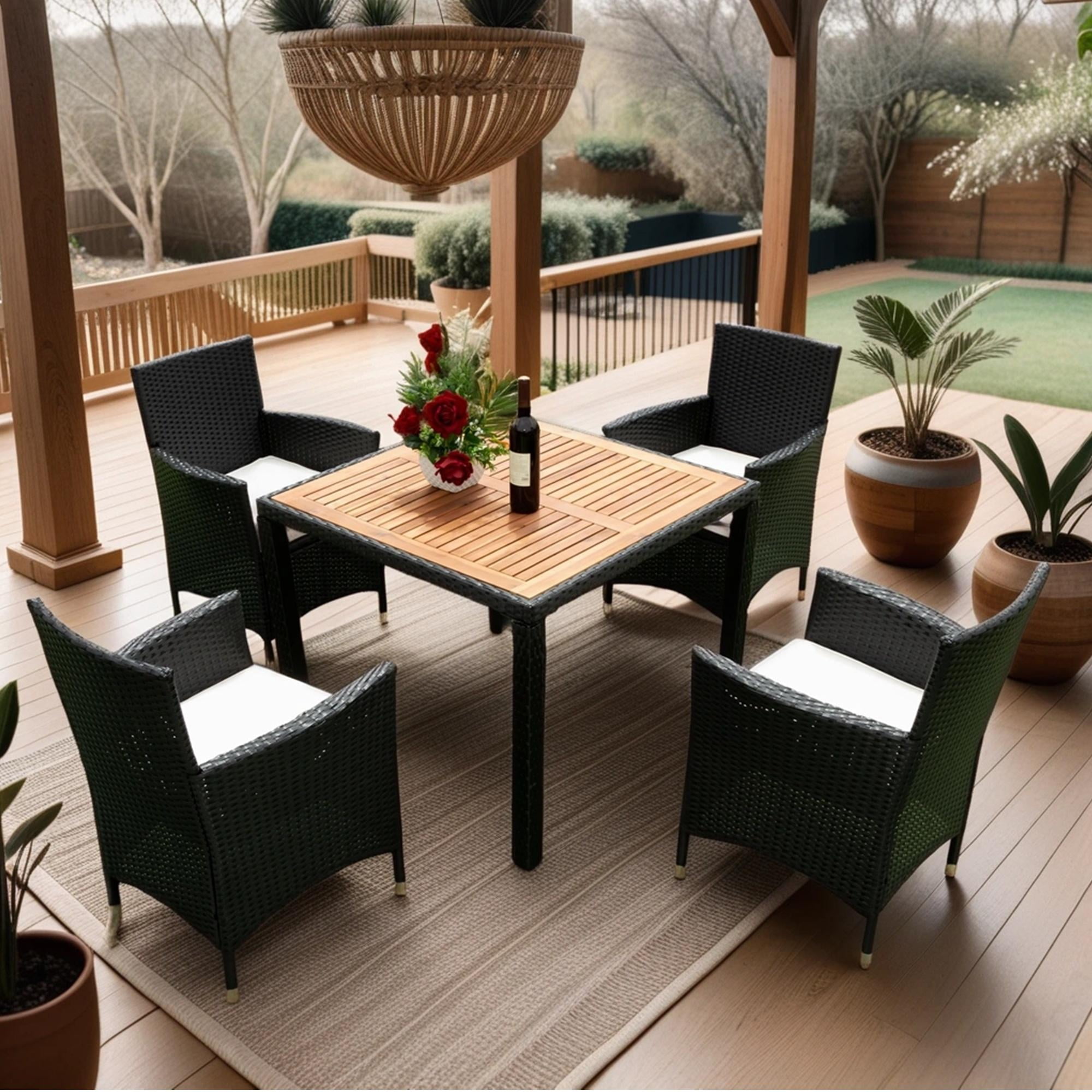 5 Piece Indoor Outdoor Wicker Dining Set Furniture, Patio Rattan