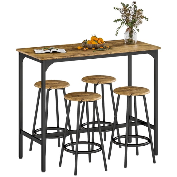 5-Piece Industrial Bar Table Set with 4 Stools, Rustic Brown MDF and Black Metal Kitchen Counter Height Bistro Set for Small Spaces, Living Room, Dining Area and Breakfast Nook