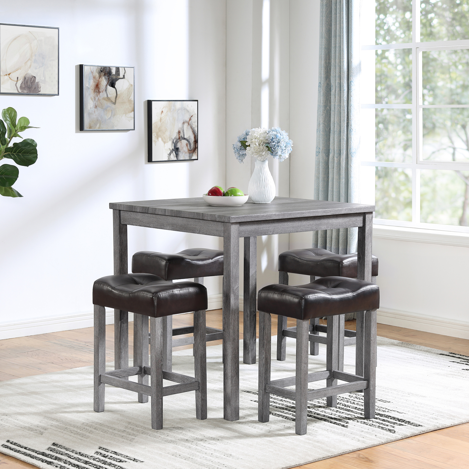 5Piece Industrial Dining Set in Brown and Light Gray Bar Table and