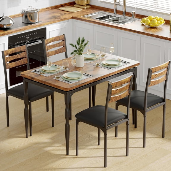 5 Piece Industrial Dining Table Set for 4, Kitchen Table and Chairs for Dining Room Kitchen Apartment, Black Finish
