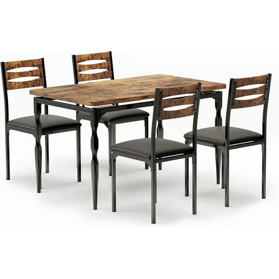 5-Piece Industrial Farmhouse Dining Set for 4 - Space-Saving Rectangular Table & Chairs with Metal Frame, Scratch-Resistant for Small Kitchens/Apartments