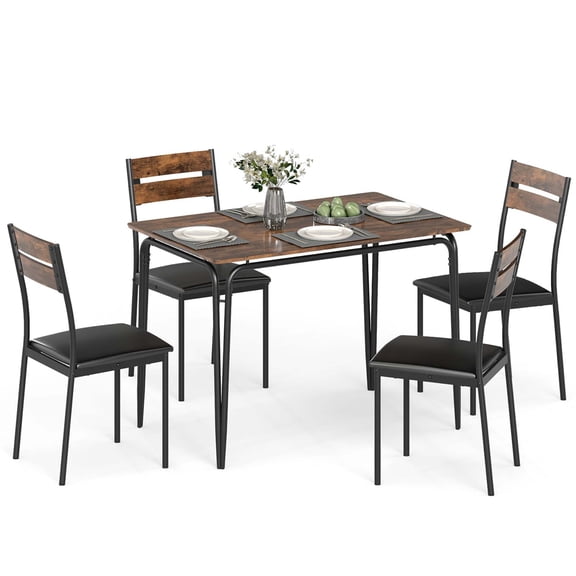 5-Piece Industrial Rustic Brown Rectangular Dining Table Set, 4 Armless PU Sponge Padded Chairs with Robust Metal Frame, Space-Saving Dinette Furniture with Scratch-Proof Faux Wood Tabletop & Rounded
