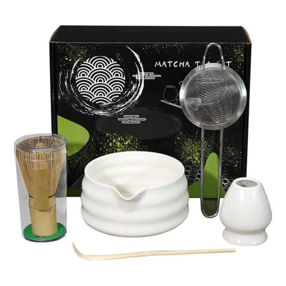 5-Piece Japanese Matcha Tea Whisk Set Complete Ceramic Bowl with Spout Strainer and Holder Kit