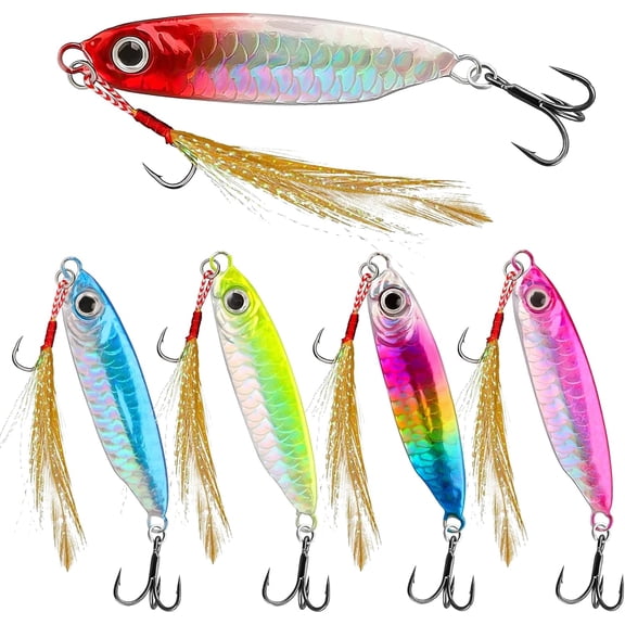 5-Piece Jigs Fishing Lures  2026 New Saltwater Fishing Spoons with Ultra-Sharp Hooks  30g/1.05oz Micro Jigging Bait for Bass, Tuna, Salmon, Grouper  5 Mixed Colors  Metal, Feather, 2 Hooks