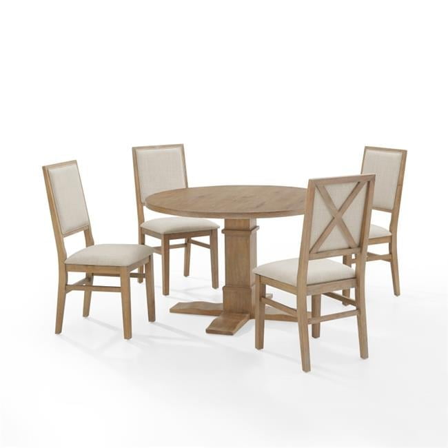 Rustic Brown Round Pedestal Dining Set with Cream Linen Upholstered Chairs