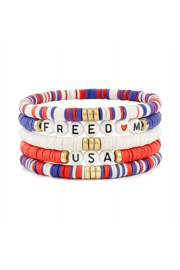 5-Piece July 4th Bracelet Set - Patriotic Red, White & Blue Resin Beads with Star Charms | Stretch Independence Day Jewelry for Women