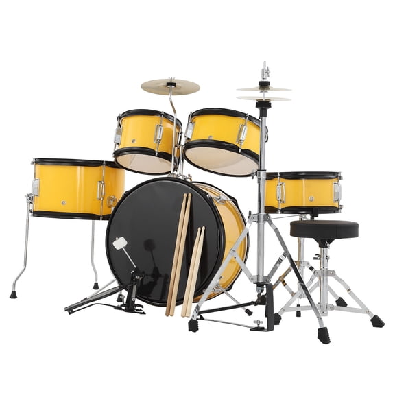 5 Piece Junior Drum Kit with Bass Drum, Tom, Snare Drum, Hi-Hat, Cymbal and Drum Pedal, with Drumsticks and Drum Stool, Best Holiday Gift For Music Lover