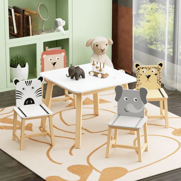 5 Piece Kiddy Table and Chair Set , Kids Wood Table with 4 Chairs Set Cartoon Animals