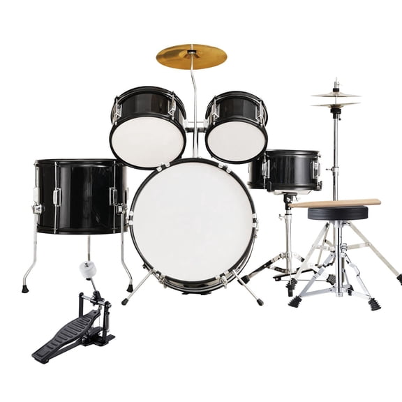 5-Piece Kids Drum Set 16 Inch Beginner Full Kit with Bass Toms Snare Floor Drum Adjustable Throne Cymbal Hi-Hat Pedal Two Pairs Drumsticks Black
