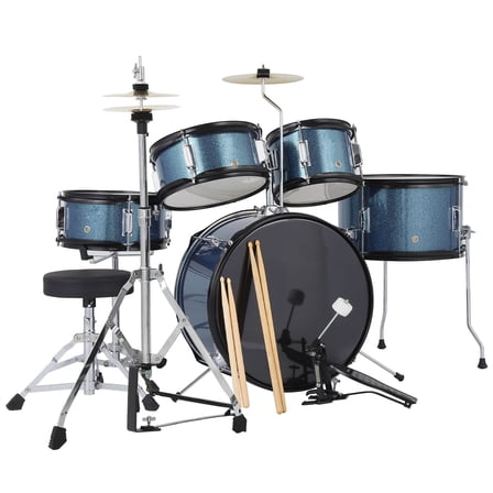 5 Piece Kids Drum Set, Junior Drum Set for Beginners with Bass Tom Snare Drum, 16.14 Inch Drum Kit with Snare, Cymbal, Drumsticks, Adjustable Seat (Blue)