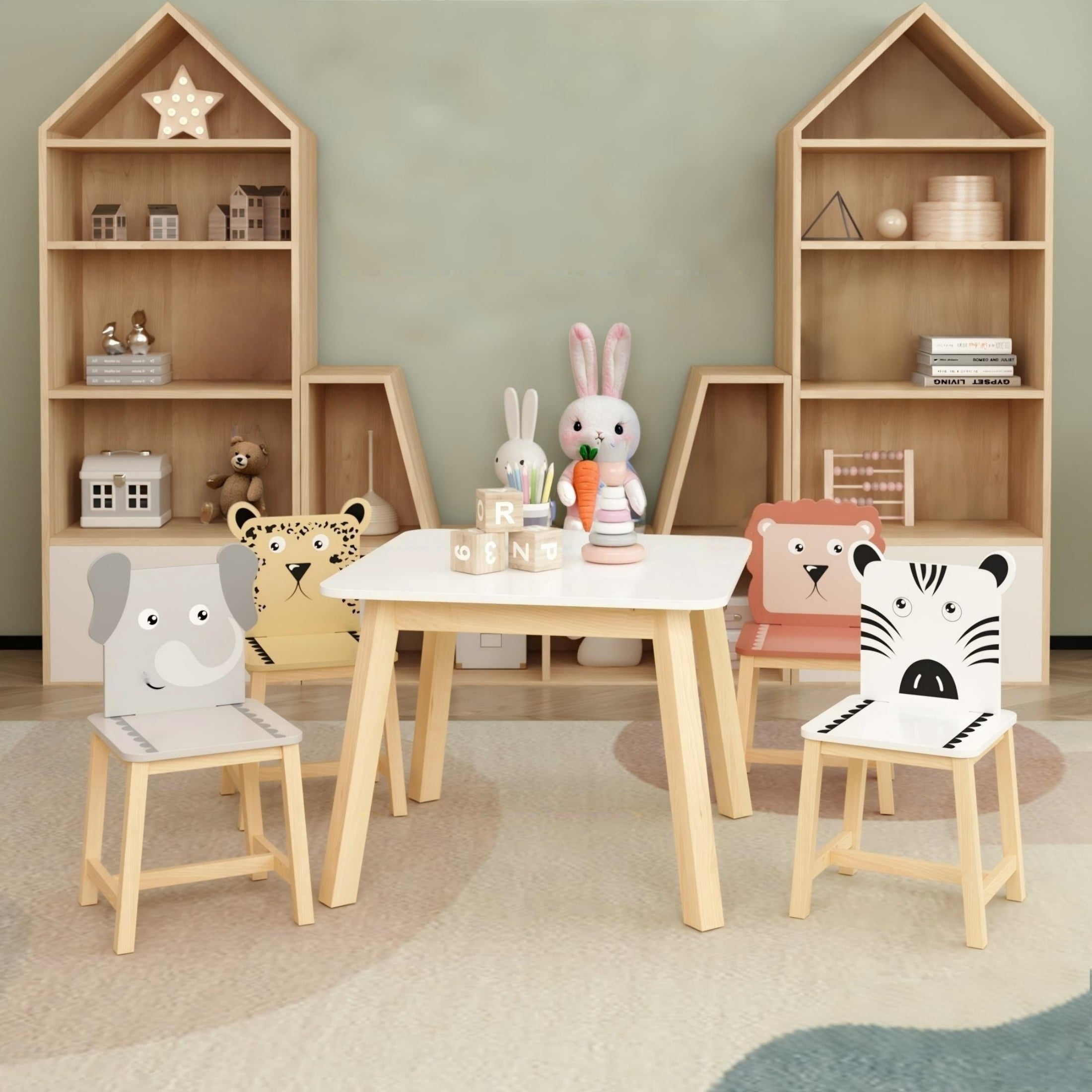 5 Piece Kids Table and Chair Set , Toddler Wood Table with 4 Chairs Set Cartoon Animals, 3-8 years old