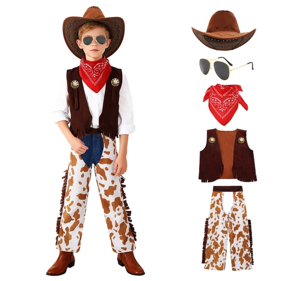 5-Piece Kids Western Cowboy Costume Set, Boys Wild West Cosplay Outfit with Cowboy Hat, Sunglasses, Bandana, Fringed Vest & Cow Print Pants for Halloween Party