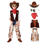 5-Piece Kids Western Cowboy Costume Set, Boys Wild West Cosplay Outfit with Cowboy Hat, Sunglasses, Bandana, Fringed Vest & Cow Print Pants for Halloween Party