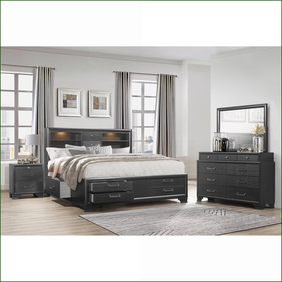 5-Piece King Bedroom Set, Charcoal Gray with Storage | Bookcase Beds | Combo Dressers