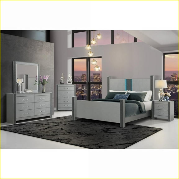 5-Piece King Bedroom Set Lorenzo Brushed Silver with Speaker Headboard | Four-Poster Beds | Double Dressers