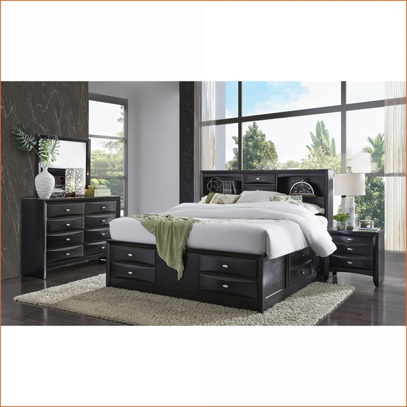 5-Piece King Bedroom Set with Bookcase Headboard & Storage | No Box Spring Needed | Black | Bookcase Beds