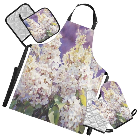 5-Piece Kitchen Apron Set with Heat-Resistant Gloves & Insulation Mats for Cooking, Baking, BBQ A Cluster Of Lilac Flowers