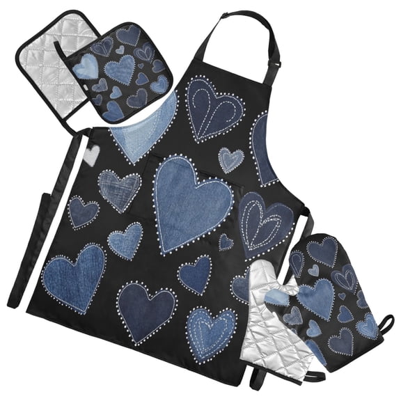 5-Piece Kitchen Apron Set with Heat-Resistant Gloves & Insulation Mats for Cooking, Baking, BBQ A Pattern Of Denim Hearts