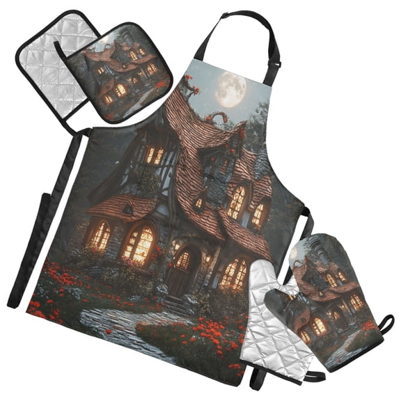 5-Piece Kitchen Apron Set with Heat-Resistant Gloves & Insulation Mats for Cooking, Baking, BBQ A Whimsical Old Witch's House