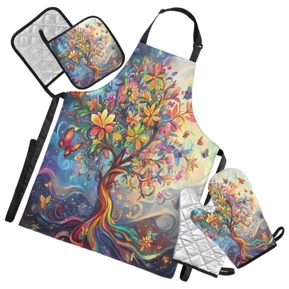 5-Piece Kitchen Apron Set with Heat-Resistant Gloves & Insulation Mats for Cooking, Baking, BBQ A Whimsical Tree