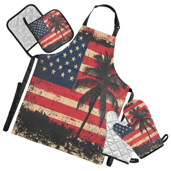 5-Piece Kitchen Apron Set with Heat-Resistant Gloves & Insulation Mats for Cooking, Baking, BBQ American Flag with Palm Trees
