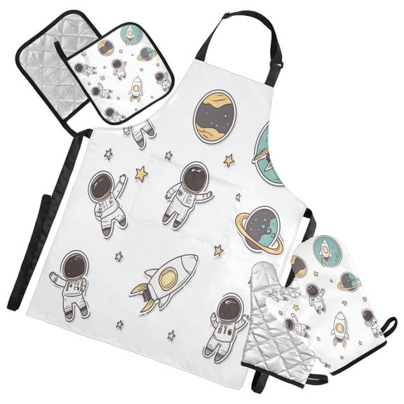 5-Piece Kitchen Apron Set with Heat-Resistant Gloves & Insulation Mats for Cooking, Baking, BBQ Astronauts in Space