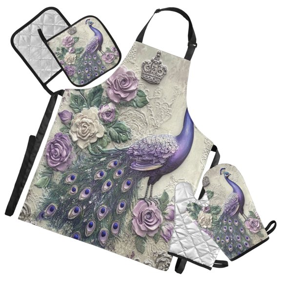 5-Piece Kitchen Apron Set with Heat-Resistant Gloves & Insulation Mats for Cooking, Baking, BBQ Beautiful Peacock