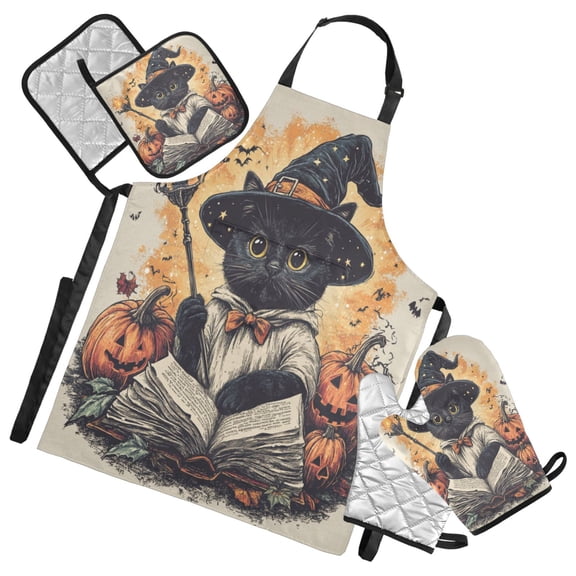 5-Piece Kitchen Apron Set with Heat-Resistant Gloves & Insulation Mats for Cooking, Baking, BBQ Black Cat