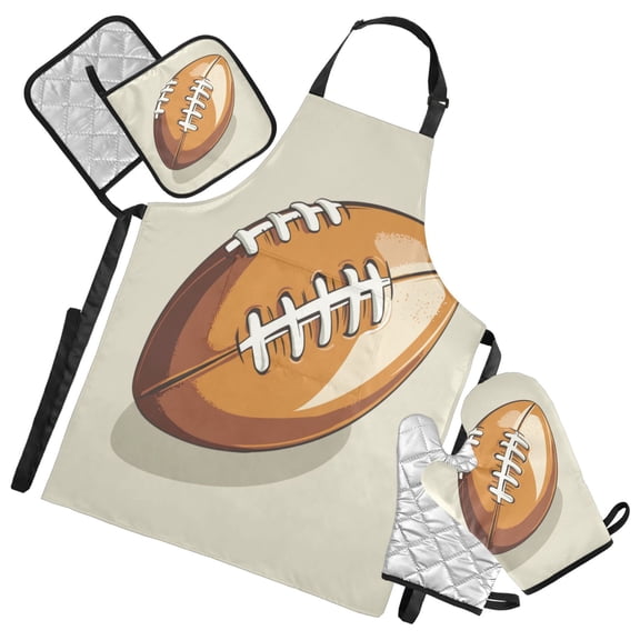 5-Piece Kitchen Apron Set with Heat-Resistant Gloves & Insulation Mats for Cooking, Baking, BBQ Cartoon American Football