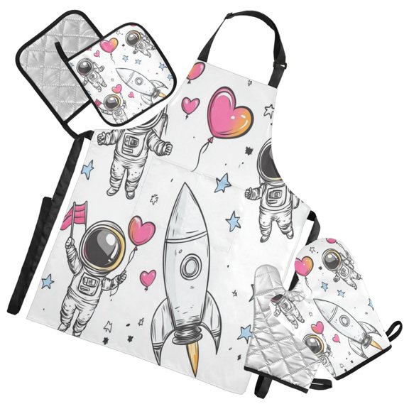5-Piece Kitchen Apron Set with Heat-Resistant Gloves & Insulation Mats for Cooking, Baking, BBQ Cute Astronaut Clipart