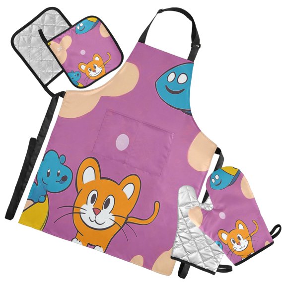 5-Piece Kitchen Apron Set with Heat-Resistant Gloves & Insulation Mats for Cooking, Baking, BBQ Cute Cartoon Drawing