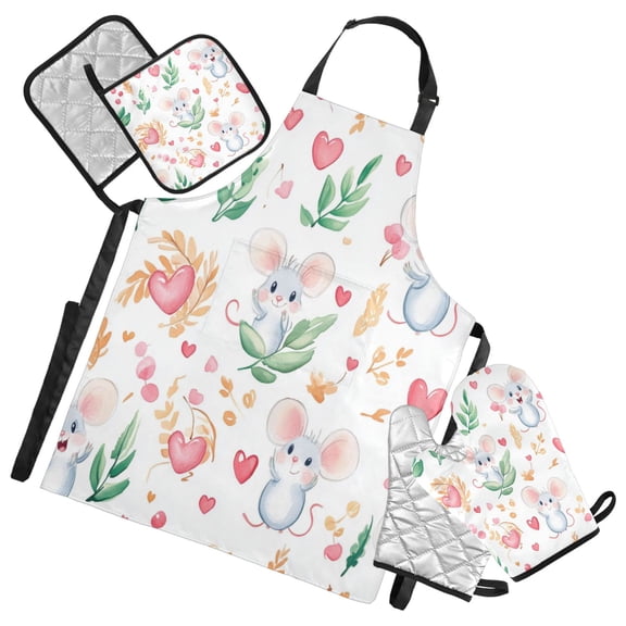 5-Piece Kitchen Apron Set with Heat-Resistant Gloves & Insulation Mats for Cooking, Baking, BBQ Cute Cartoon Mouse Pattern