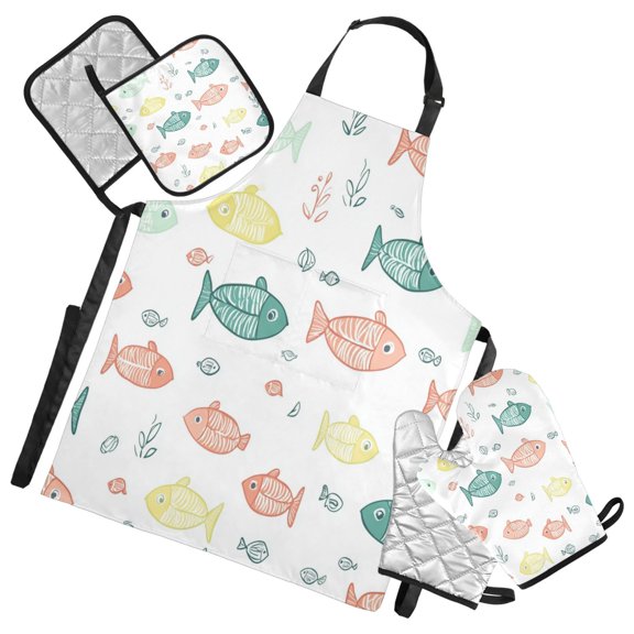 5-Piece Kitchen Apron Set with Heat-Resistant Gloves & Insulation Mats for Cooking, Baking, BBQ Cute Doodle Fish