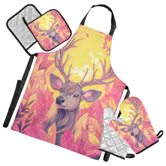 5-Piece Kitchen Apron Set with Heat-Resistant Gloves & Insulation Mats for Cooking, Baking, BBQ Deer with Massive Antlers