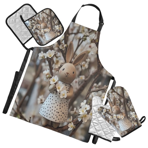 5-Piece Kitchen Apron Set with Heat-Resistant Gloves & Insulation Mats for Cooking, Baking, BBQ Easter Bunny Wooden Figurine
