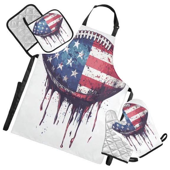 5-Piece Kitchen Apron Set with Heat-Resistant Gloves & Insulation Mats for Cooking, Baking, BBQ Football with An American Flag Design