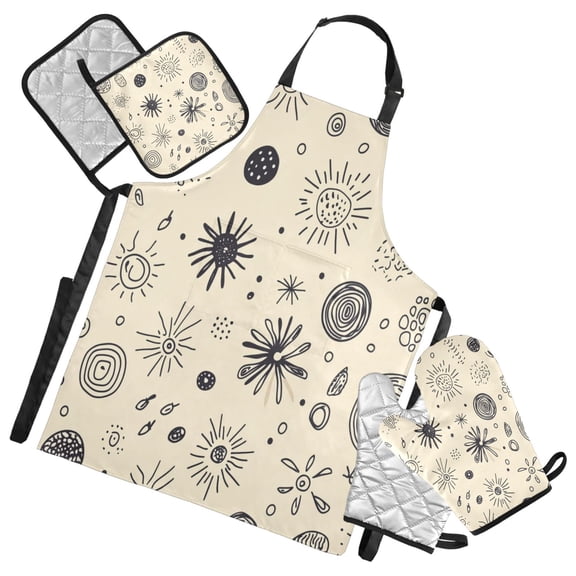 5-Piece Kitchen Apron Set with Heat-Resistant Gloves & Insulation Mats for Cooking, Baking, BBQ Globular Doodle Pattern