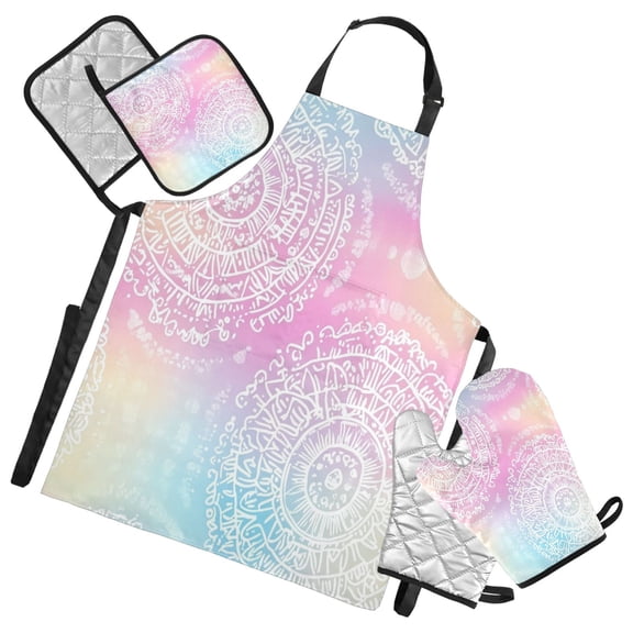 5-Piece Kitchen Apron Set with Heat-Resistant Gloves & Insulation Mats for Cooking, Baking, BBQ Pastel Rainbow Gradient Background