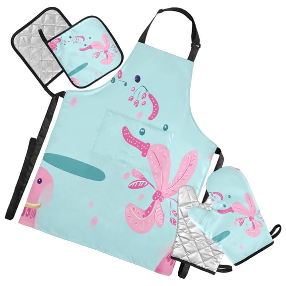 5-Piece Kitchen Apron Set with Heat-Resistant Gloves & Insulation Mats for Cooking, Baking, BBQ Pink Bird Cartoon Character